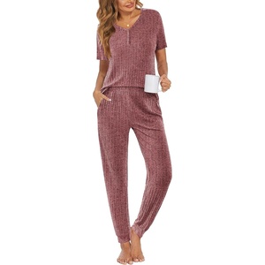 image:imageEkouaer Pajamas for Women Set 2 Piece Rib Knit Lounge Set Joggers Loungewear Short Sleeve Pjs with PocketsWine Red