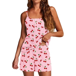 image:imageEkouaer Pajamas for Women Set Lingerie Pjs 2 Piece Cami Sleepwear Ribbed Knit Shorts Set01 Pink Cherry