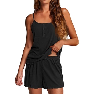 image:imageEkouaer Pajamas for Women Set Lingerie Pjs 2 Piece Cami Sleepwear Ribbed Knit Shorts SetBlack