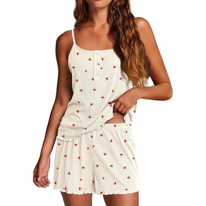image:imageEkouaer Pajamas for Women Set Lingerie Pjs 2 Piece Cami Sleepwear Ribbed Knit Shorts SetCherry
