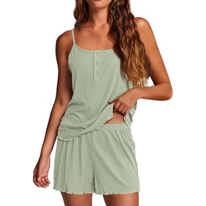 image:imageEkouaer Pajamas for Women Set Lingerie Pjs 2 Piece Cami Sleepwear Ribbed Knit Shorts SetLight Green