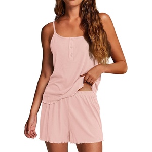 image:imageEkouaer Pajamas for Women Set Lingerie Pjs 2 Piece Cami Sleepwear Ribbed Knit Shorts SetLight Pink