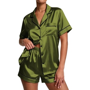 image:imageEkouaer Pajamas for Women Set Silk Satin Pjs Button Down Sleepwear Summer Loungewear Top and Shorts Lounge Set SXXLArmy Green