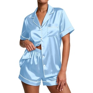 image:imageEkouaer Pajamas for Women Set Silk Satin Pjs Button Down Sleepwear Summer Loungewear Top and Shorts Lounge Set SXXLBaby Bule