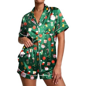 image:imageEkouaer Pajamas for Women Set Silk Satin Pjs Button Down Sleepwear Summer Loungewear Top and Shorts Lounge Set SXXLChristmas Green
