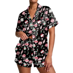 image:imageEkouaer Pajamas for Women Set Silk Satin Pjs Button Down Sleepwear Summer Loungewear Top and Shorts Lounge Set SXXLChristmas Pattern