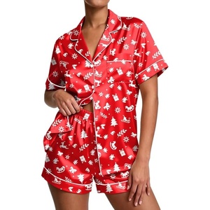 image:imageEkouaer Pajamas for Women Set Silk Satin Pjs Button Down Sleepwear Summer Loungewear Top and Shorts Lounge Set SXXLChristmas Red