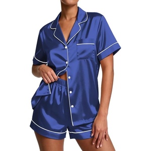 image:imageEkouaer Pajamas for Women Set Silk Satin Pjs Button Down Sleepwear Summer Loungewear Top and Shorts Lounge Set SXXLNavy