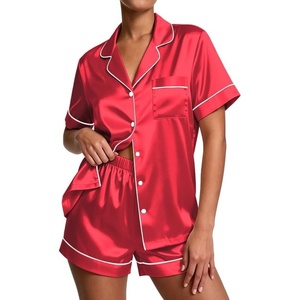 image:imageEkouaer Pajamas for Women Set Silk Satin Pjs Button Down Sleepwear Summer Loungewear Top and Shorts Lounge Set SXXLRed