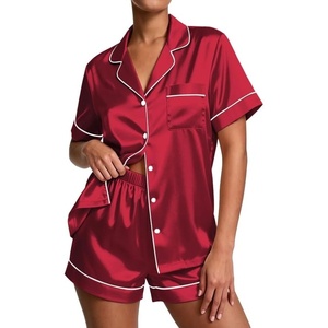 image:imageEkouaer Pajamas for Women Set Silk Satin Pjs Button Down Sleepwear Summer Loungewear Top and Shorts Lounge Set SXXLWine