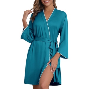 image:imageEkouaer Robes for Women Knee Length Kimono Bathrobe 34 Sleeve Sleep Robe Cozy Sleepwear with Pockets SXXL