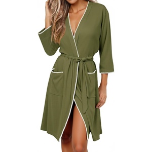image:imageEkouaer Robes for Women Ribbed Knit Bathrobe Soft Lightweight Knee Length Kimono Robe Ladies Sleepwear with Pockets SXXLArmy Green