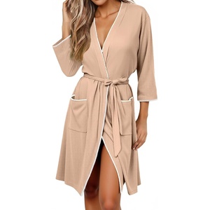 image:imageEkouaer Robes for Women Ribbed Knit Bathrobe Soft Lightweight Knee Length Kimono Robe Ladies Sleepwear with Pockets SXXLKhaki