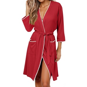 image:imageEkouaer Robes for Women Ribbed Knit Bathrobe Soft Lightweight Knee Length Kimono Robe Ladies Sleepwear with Pockets SXXLRed