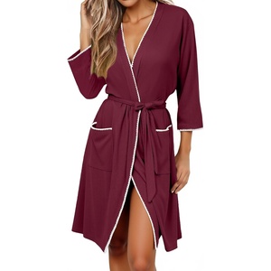 image:imageEkouaer Robes for Women Ribbed Knit Bathrobe Soft Lightweight Knee Length Kimono Robe Ladies Sleepwear with Pockets SXXLWine Red