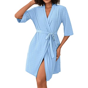 image:imageEkouaer Short Robes for Women Lightweight Bathrobe Kimono Robes Knee Length 34 Sleeve Swiss Polka Dot Soft Robe with PocketsLight Blue