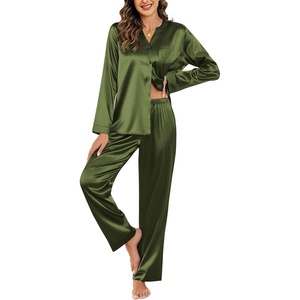 image:imageEkouaer Silk Pajamas For Women 2 Piece Set Satin Pjs Long Sleeve Button Up Sleepwear Comfy Lounge setsArmy Green