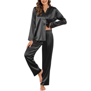 image:imageEkouaer Silk Pajamas For Women 2 Piece Set Satin Pjs Long Sleeve Button Up Sleepwear Comfy Lounge setsBlack