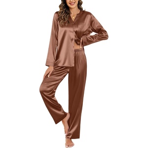 image:imageEkouaer Silk Pajamas For Women 2 Piece Set Satin Pjs Long Sleeve Button Up Sleepwear Comfy Lounge setsBrown