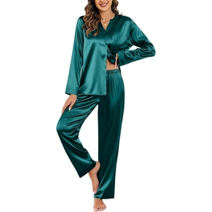 image:imageEkouaer Silk Pajamas For Women 2 Piece Set Satin Pjs Long Sleeve Button Up Sleepwear Comfy Lounge setsGreen