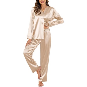 image:imageEkouaer Silk Pajamas For Women 2 Piece Set Satin Pjs Long Sleeve Button Up Sleepwear Comfy Lounge setsLight Khaki