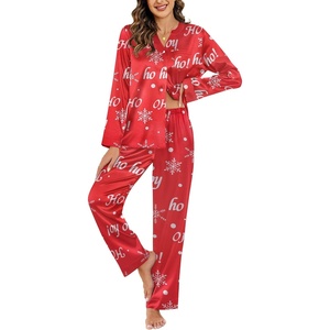 image:imageEkouaer Silk Pajamas For Women 2 Piece Set Satin Pjs Long Sleeve Button Up Sleepwear Comfy Lounge setsRedchristmas