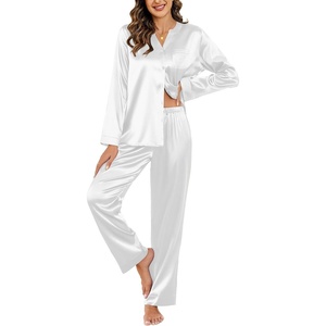 image:imageEkouaer Silk Pajamas For Women 2 Piece Set Satin Pjs Long Sleeve Button Up Sleepwear Comfy Lounge setsWhite