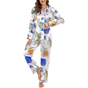 image:imageEkouaer Silk Pajamas For Women 2 Piece Set Satin Pjs Long Sleeve Button Up Sleepwear Comfy Lounge setsWhite Abstract Doodle