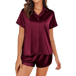 image:imageEkouaer Silk Pajamas for Women Short Sleeve Satin Pajama Set 2 Piece Button Down Loungewear SXXLWine Red