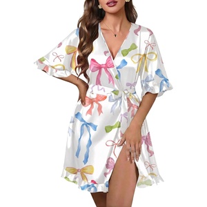 image:imageEkouaer Silk Robes for Women Short Lightweight Bathrobe Ruffled Satin Kimono Robes Sexy Bride Bridesmaid SleepwearBow Colorful
