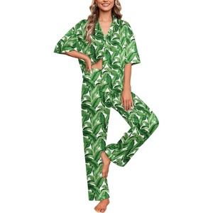 image:imageEkouaer Silk Satin Pajamas Set Women Short Sleeve Pj Sets Button Down Sleepwear 2 Piece Soft Loungewear SXXLGreen Leaves