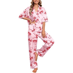 image:imageEkouaer Silk Satin Pajamas Set Women Short Sleeve Pj Sets Button Down Sleepwear 2 Piece Soft Loungewear SXXLRed Bow