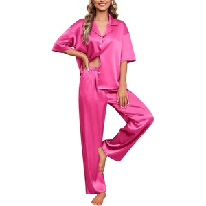 image:imageEkouaer Silk Satin Pajamas Set Women Short Sleeve Pj Sets Button Down Sleepwear 2 Piece Soft Loungewear SXXLRose Red