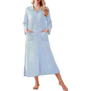 image:imageEkouaer Waffle Robes for Women Long Zipper Bathrobes Lightweight House Coat Soft Sleepwear with Pockets Loungewear SXXLClear Blue