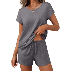 image:imageEkouaer Women 2 Piece Pajamas Set Short Sleeve Comfy Lounge Set Round Neck Tops and Shorts Pjs with PocketsGrey