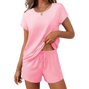 image:imageEkouaer Women 2 Piece Pajamas Set Short Sleeve Comfy Lounge Set Round Neck Tops and Shorts Pjs with PocketsPink