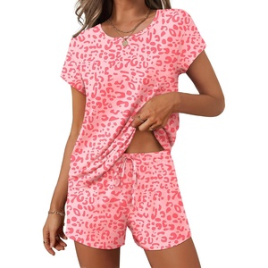 image:imageEkouaer Women 2 Piece Pajamas Set Short Sleeve Comfy Lounge Set Round Neck Tops and Shorts Pjs with PocketsPink Leopard