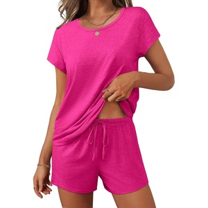 image:imageEkouaer Women 2 Piece Pajamas Set Short Sleeve Comfy Lounge Set Round Neck Tops and Shorts Pjs with PocketsRose Red