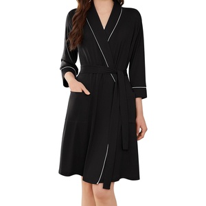 image:imageEkouaer Women Robes Shawl Collar Bathrobe Short Kimono Robe Soft Knit Bathrobes Ladies Sleepwear with Pockets Black XXLarge