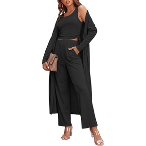 image:imageEkouaer Womens 3 Piece Lounge Set Pajama Long Sleeve Cardigan Sleeveless Top Pants Sweatsuit SXXLBlack