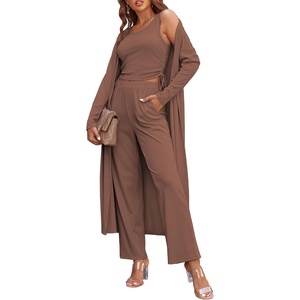 image:imageEkouaer Womens 3 Piece Lounge Set Pajama Long Sleeve Cardigan Sleeveless Top Pants Sweatsuit SXXLBrown
