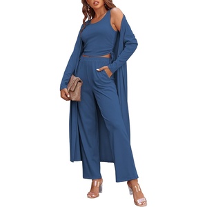 image:imageEkouaer Womens 3 Piece Lounge Set Pajama Long Sleeve Cardigan Sleeveless Top Pants Sweatsuit SXXLCadet Blue
