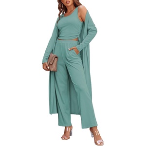 image:imageEkouaer Womens 3 Piece Lounge Set Pajama Long Sleeve Cardigan Sleeveless Top Pants Sweatsuit SXXLGreen