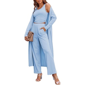 image:imageEkouaer Womens 3 Piece Lounge Set Pajama Long Sleeve Cardigan Sleeveless Top Pants Sweatsuit SXXLLight Blue