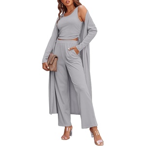 image:imageEkouaer Womens 3 Piece Lounge Set Pajama Long Sleeve Cardigan Sleeveless Top Pants Sweatsuit SXXLLight Gray