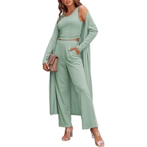 image:imageEkouaer Womens 3 Piece Lounge Set Pajama Long Sleeve Cardigan Sleeveless Top Pants Sweatsuit SXXLLight Green