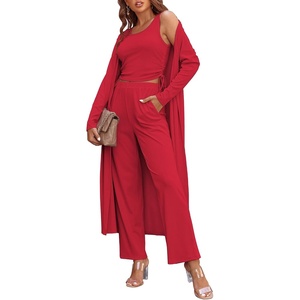 image:imageEkouaer Womens 3 Piece Lounge Set Pajama Long Sleeve Cardigan Sleeveless Top Pants Sweatsuit SXXLRed