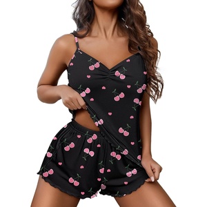 image:imageEkouaer Womens Cami Pajama Sets 2 Piece Ribbed Knit Lingerie Sleeveless Tank Top and Shorts Camisole Pjs SleepwearCherry Black