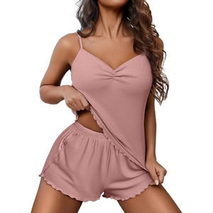 image:imageEkouaer Womens Cami Pajama Sets 2 Piece Ribbed Knit Lingerie Sleeveless Tank Top and Shorts Camisole Pjs SleepwearLight Pink