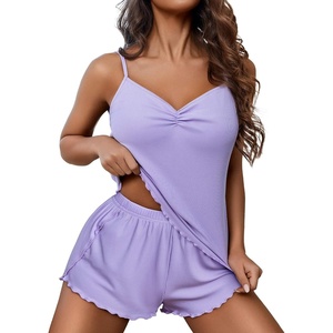 image:imageEkouaer Womens Cami Pajama Sets 2 Piece Ribbed Knit Lingerie Sleeveless Tank Top and Shorts Camisole Pjs SleepwearLilac